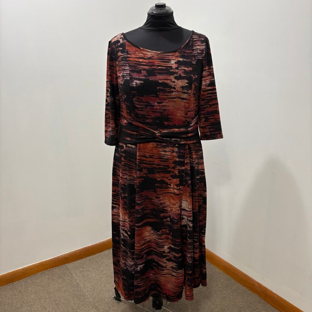 Perceptions New York Womens XL Abstract Maxi Dress Rust Black Stretch 3/4 Sleeve